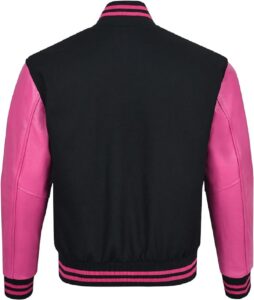 pink and black varsity jacket